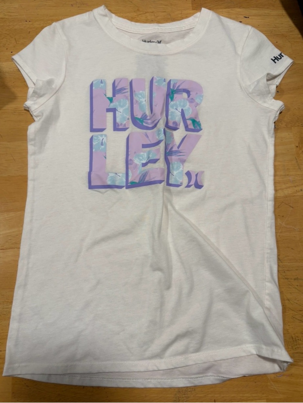 Hurley White Tee with Lavender Floral Logo